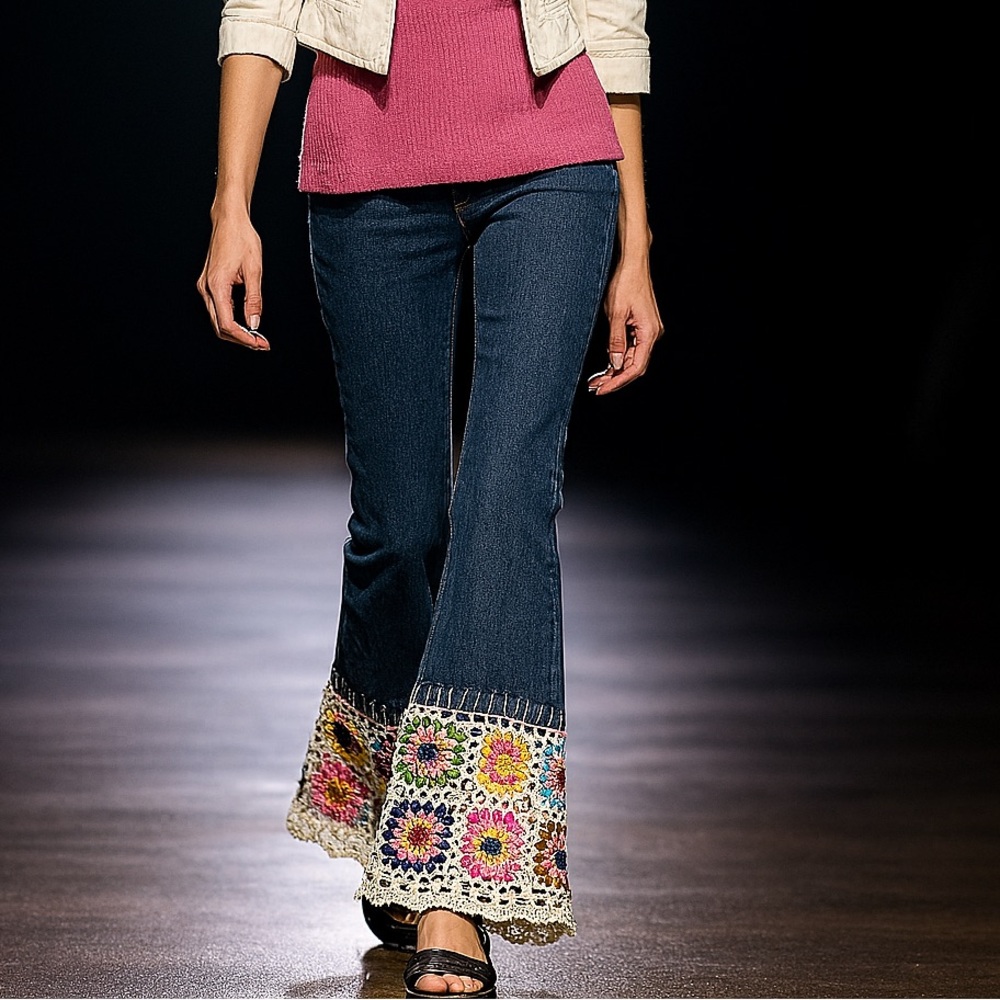 Revolt Y2K Crochet Flare Jeans | Boho Granny Square Patchwork Denim Size 27 - Picture 8 of 9